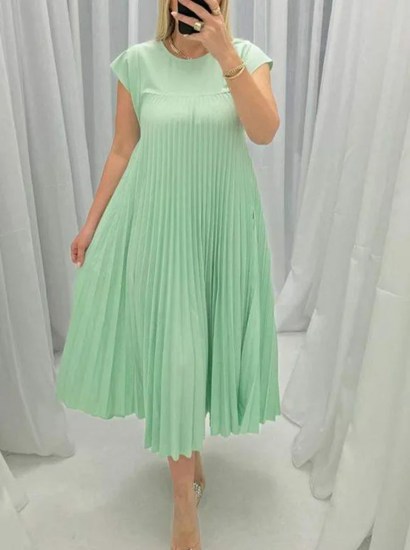 Pleated Dresses O Neck Pullover Dress Women Sexy Vestidos Solid Casual Dress Ankle Length Loose Fit Pockets 2024 Summer Folds