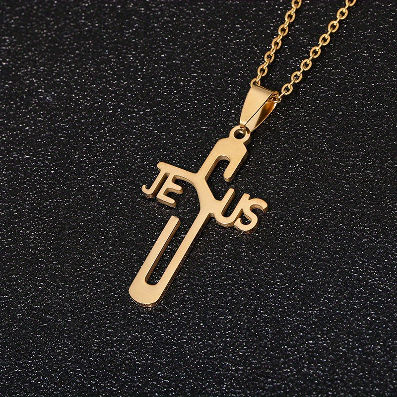 1pc Jesus Letter Cross Pendant Necklace, Stainless Steel Personality Design Fashion Metal Necklace Jewelry Gift