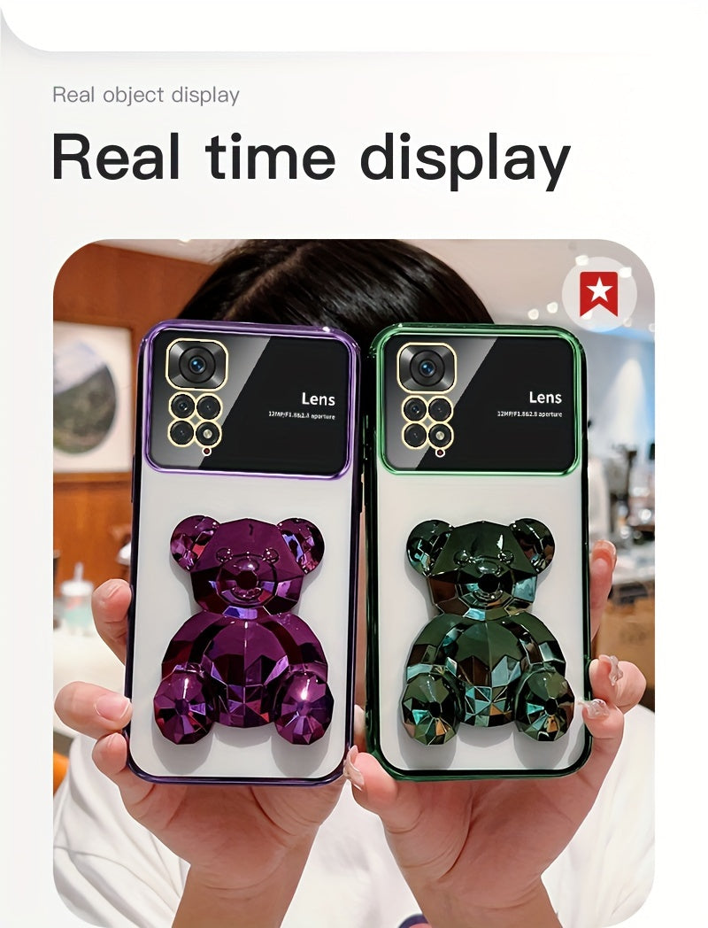 For Redmi Note 11/Note 11S/Note 11 Pro 4G/Note 11 Pro 5G And Note 11 Pro+ 5G (India) 's Fashion Electroplated Shockproof Stereoscopic Fashionable Large Window Stereoscopic Bear Stand Phone Case