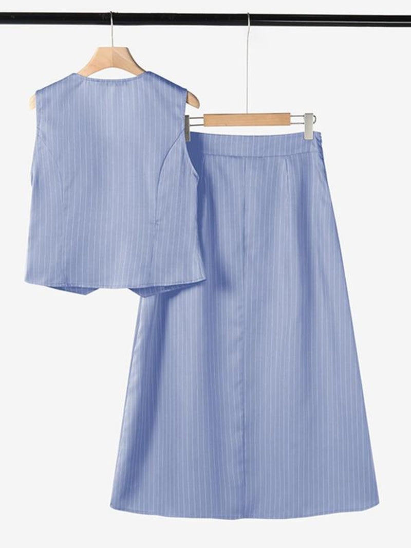Women'S Striped Print Vest & High Waist Skirt Two-Piece Set, Casual Sleeveless Button Front Top & a Line Skirt for Work Office Business, Ladies Summer Clothes