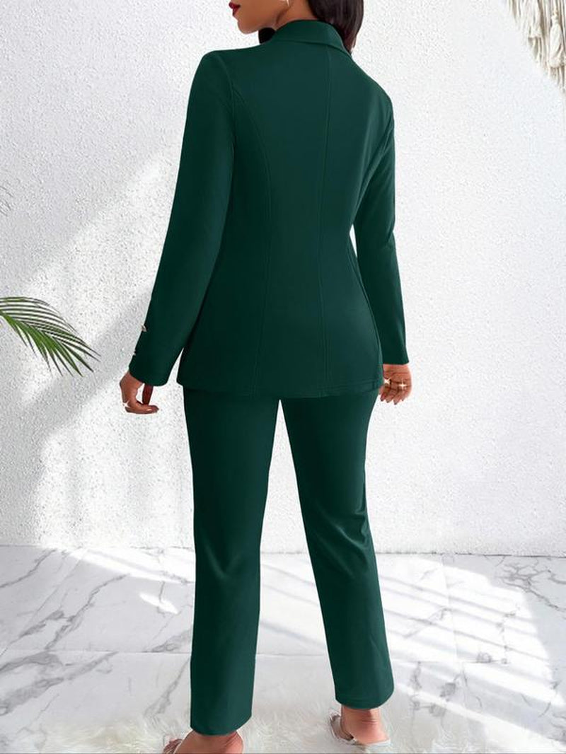 Aliling Women'S Solid Color Blazer & Straight Leg Pants Two-Piece Set, Elegant Fashion Casual Outfits for Work Office Business, Ladies Clothes for Fall & Winter