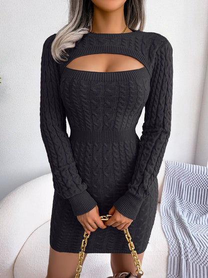 Solid Ribbed Knit Keyhole Dress, Elegant Crew Neck Long Sleeve Bodycon Dress - Stretchy & Comfortable Fabric - For Women - Perfect for Parties & Night Out - Ideal Gift for Her