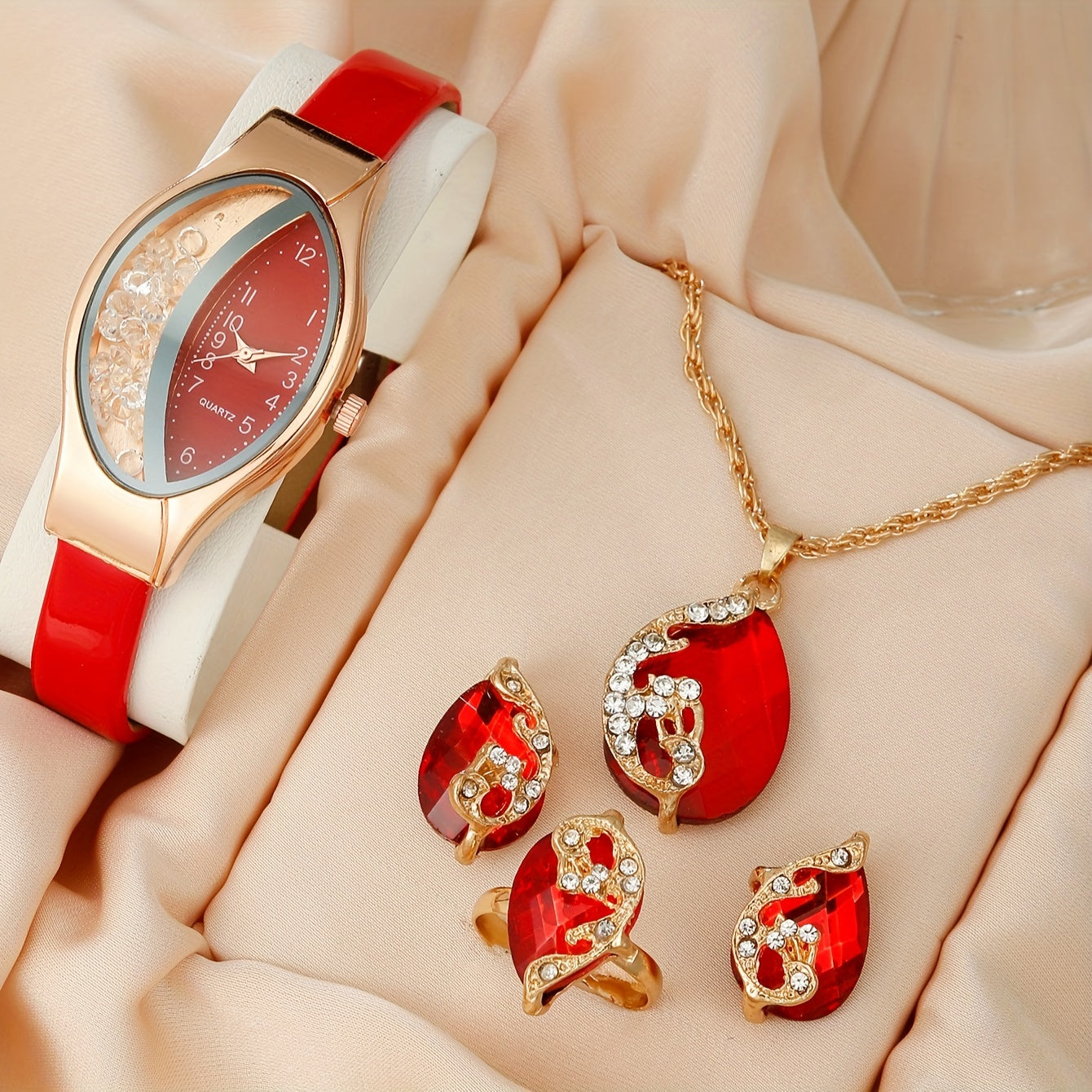 5pcs/set Women's Watch Quicksand Oval Pointer Quartz Watch Analog PU Leather Wrist Watch & Jewelry Set, Gift For Mom Her