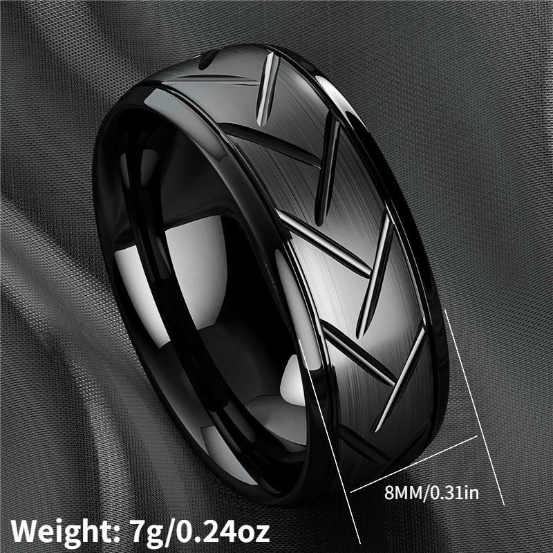 1pc 8MM Luxury Black Titanium Steel Ring - High Quality, Fashion Simple Design, Black Stainless Steel Wire Groove Tire Ring - For Men - Perfect Gift for Him - Anniversary, Birthday, Valentine's Day