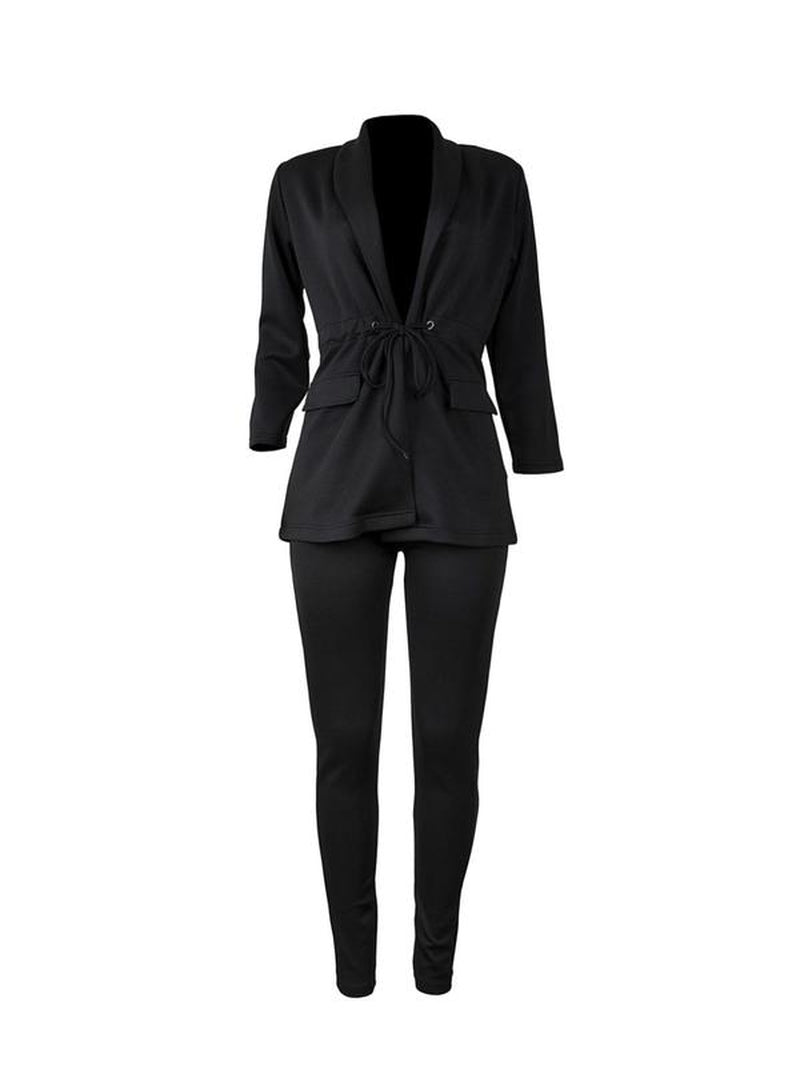 Women'S Solid Two-Piece Set, 2 Counts Tie Front Collared Outerwear & Pants Set, Elegant Fashion Casual Two-Piece Outfits for Work Office Business, Ladies Spring & Fall Clothes