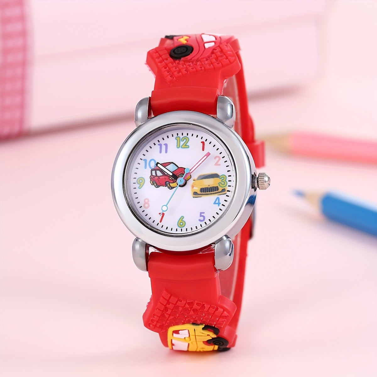 1pc Boys Girls Teen Cute Car Print Round Dial Quartz Watch For Gift Daily Life