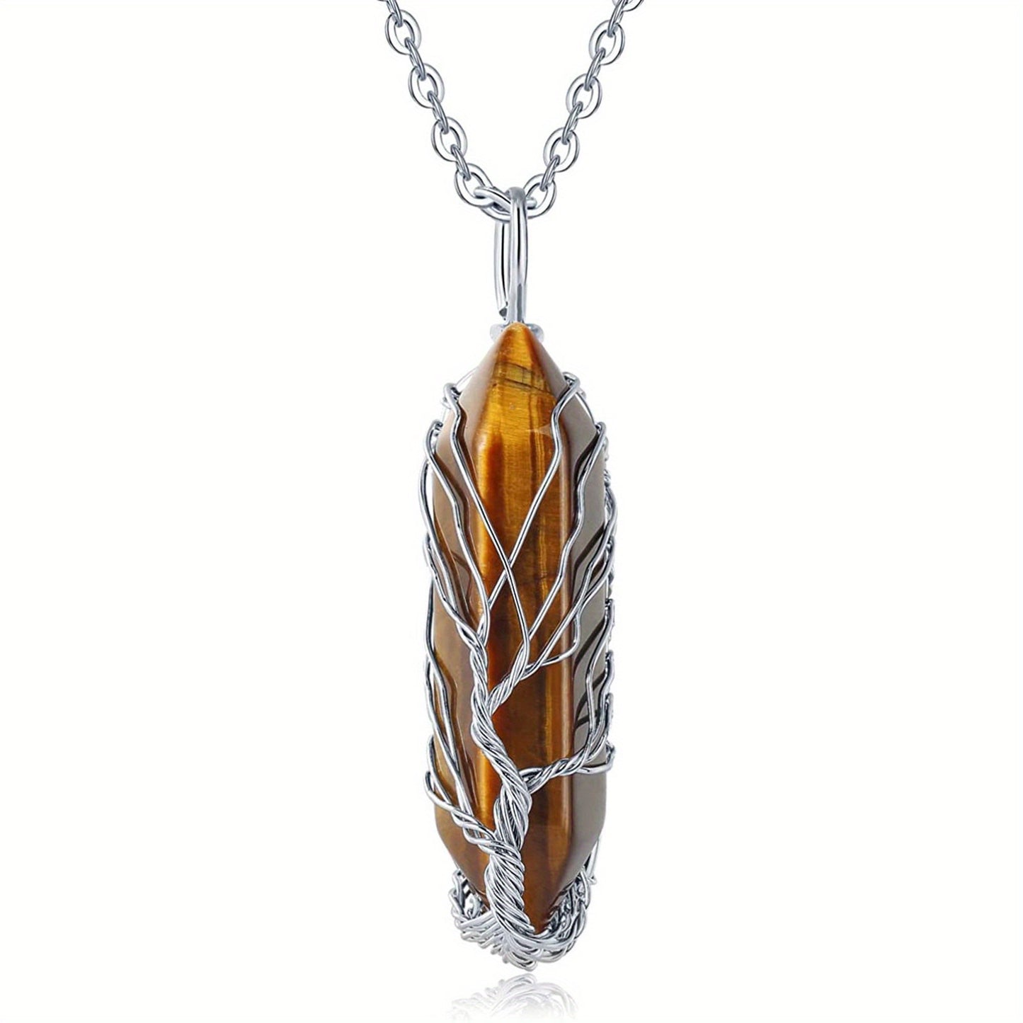 1pc Tree Of Life Wire Wrapped Crystal Point Pendant Necklace, Reiki Healing Crystal Stone Necklaces, Natural Hexagonal Gemstone Quartz Jewelry For Women