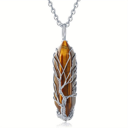1pc Tree Of Life Wire Wrapped Crystal Point Pendant Necklace, Reiki Healing Crystal Stone Necklaces, Natural Hexagonal Gemstone Quartz Jewelry For Women