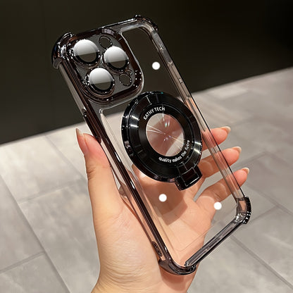 Luxury Magnetic Holder Wireless Charging Plating Clear Phone Case For IPhone 11/12/13/14/15 Pro Max Plus Shockproof Transparent Hard Phone Back Cover With Bracket