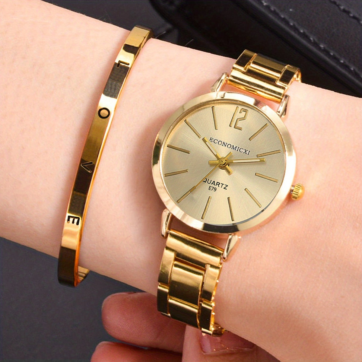 1pc/2pcs/set Women's Watch Hiphop Golden Fashion Quartz Watch & Love Bangle, Valentines Gift For Her