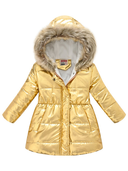 Children's Winter New Style Thickened Glossy Hooded Jacket for Boys and Girls, Mid-Length
