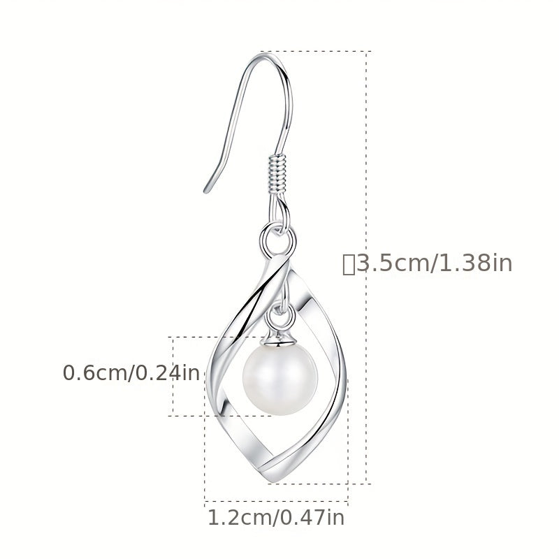 2 Pieces Silver Twisted Frame Imitation Pearl Hanging Earrings, Elegant Fashion Jewelry for Women and Girls