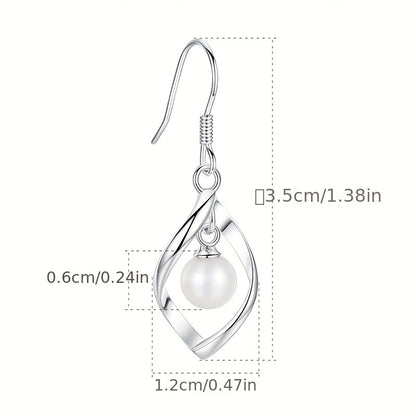 2 Pieces Silver Twisted Frame Imitation Pearl Hanging Earrings, Elegant Fashion Jewelry for Women and Girls