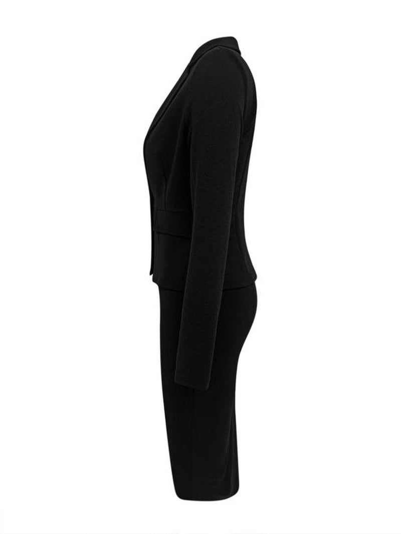 Two-Piece Set Women'S Solid Color Button Front Pocket Blazer & Skirt Set, Elegant Lapel Neck Long Sleeve Outerwear & Pencil Skirt for Work Office Business, Ladies Fall & Winter Clothes