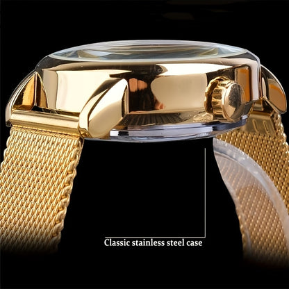 Stainless Steel Automatic Mens Watch - Fashionable Hollow Design, Mesh Strap, Water-resistant for Business & Casual Wear