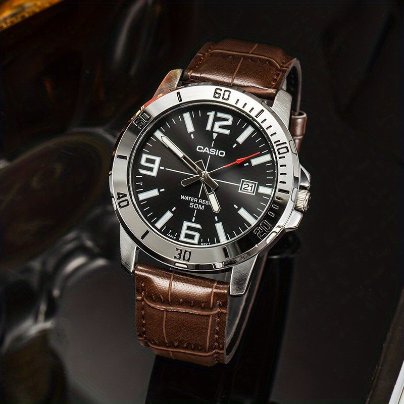 CASIO Authentic Quartz Watch - Original Design with Calendar, 50M Water Resistant, Analog Dial - Stylish Genuine Leather Strap for Men and Women