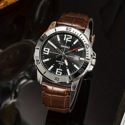 CASIO Authentic Quartz Watch - Original Design with Calendar, 50M Water Resistant, Analog Dial - Stylish Genuine Leather Strap for Men and Women