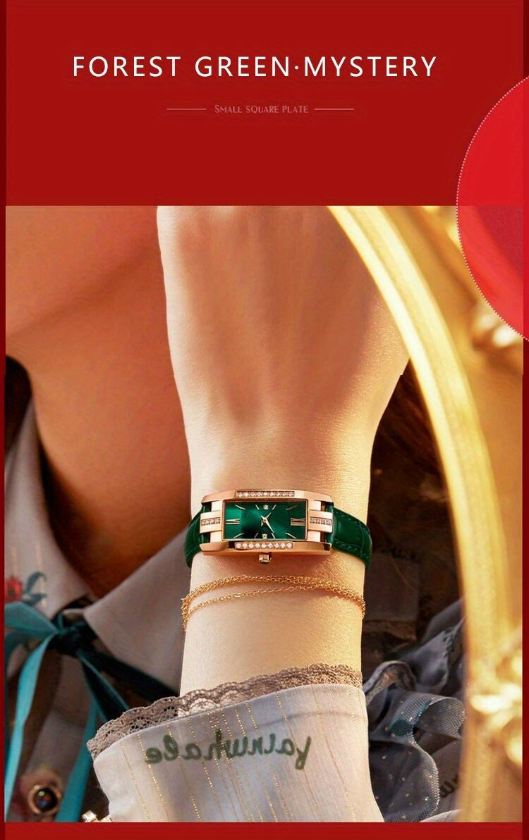 Rhinestone Decor Quartz Watch Elegant Rectangle Pointer Analog Wristwatch With PU Leather Strap