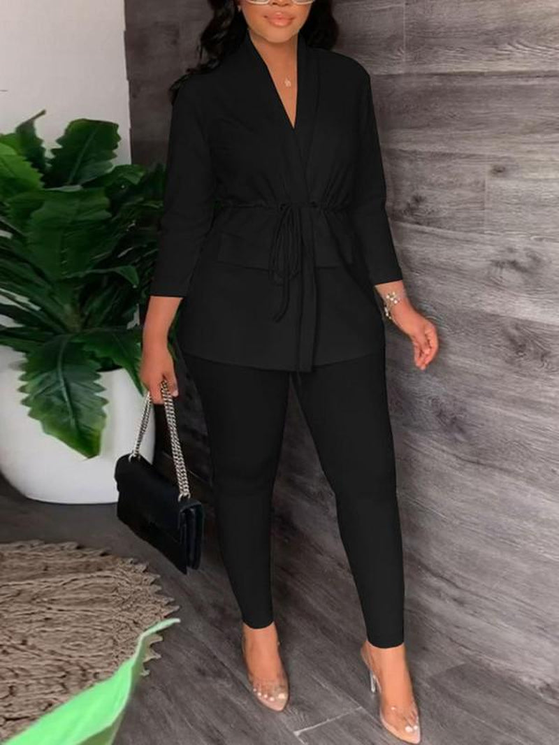 Women'S Solid Two-Piece Set, 2 Counts Tie Front Collared Outerwear & Pants Set, Elegant Fashion Casual Two-Piece Outfits for Work Office Business, Ladies Spring & Fall Clothes