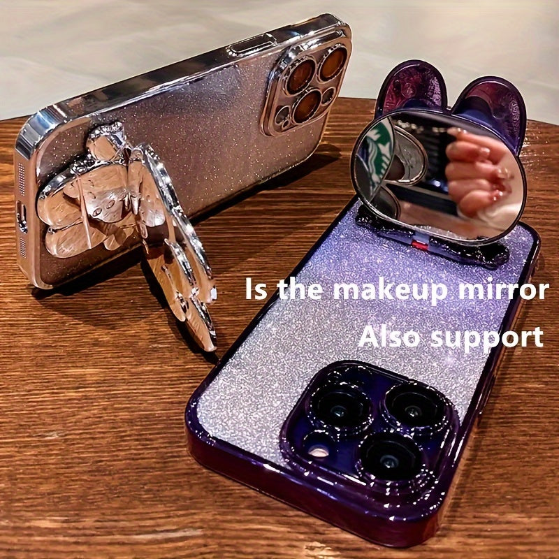 Deluxe Electroplated Phone Case, Invisible Makeup Mirror, Cute Rabbit Phone Holder And Hidden Bracket Shockproof Ultra-thin Protection Suitable For IPhone 11/12/13/14/15 Pro Max
