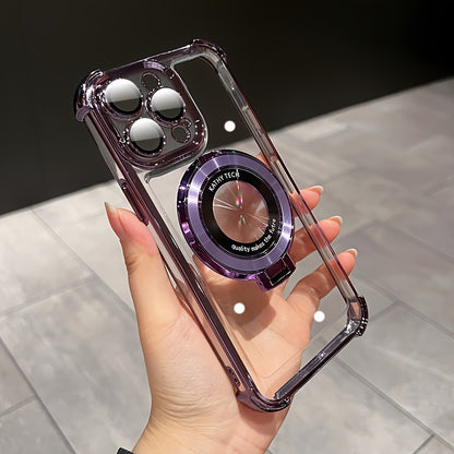 Luxury Magnetic Holder Wireless Charging Plating Clear Phone Case For IPhone 11/12/13/14/15 Pro Max Plus Shockproof Transparent Hard Phone Back Cover With Bracket