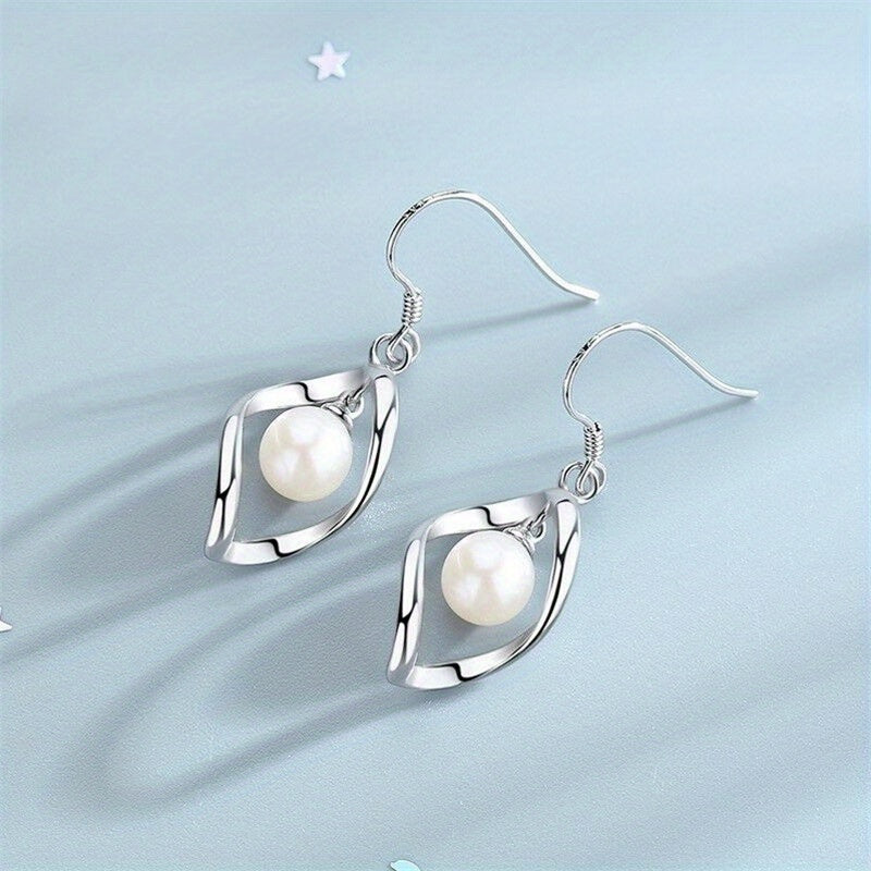 2 Pieces Silver Twisted Frame Imitation Pearl Hanging Earrings, Elegant Fashion Jewelry for Women and Girls
