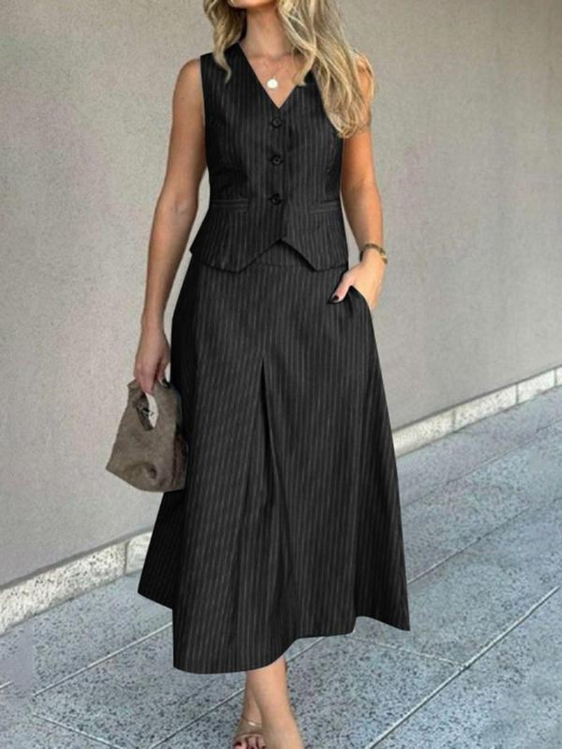 Women'S Striped Print Vest & High Waist Skirt Two-Piece Set, Casual Sleeveless Button Front Top & a Line Skirt for Work Office Business, Ladies Summer Clothes
