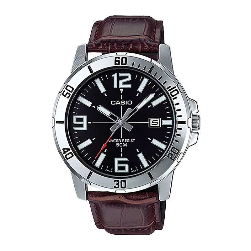 CASIO Authentic Quartz Watch - Original Design with Calendar, 50M Water Resistant, Analog Dial - Stylish Genuine Leather Strap for Men and Women