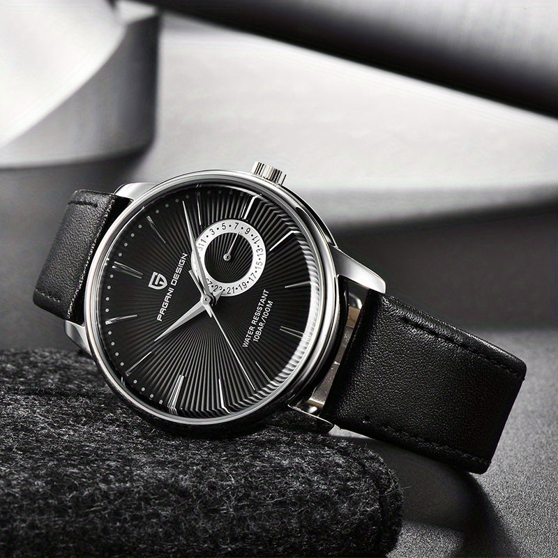 PAGAN DESIGN Fashion Casual Sports Watch Men Stainless Steel Waterproof Quartz Watch Leather Strap