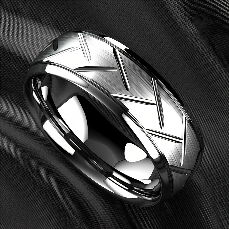 1pc 8MM Luxury Black Titanium Steel Ring - High Quality, Fashion Simple Design, Black Stainless Steel Wire Groove Tire Ring - For Men - Perfect Gift for Him - Anniversary, Birthday, Valentine's Day