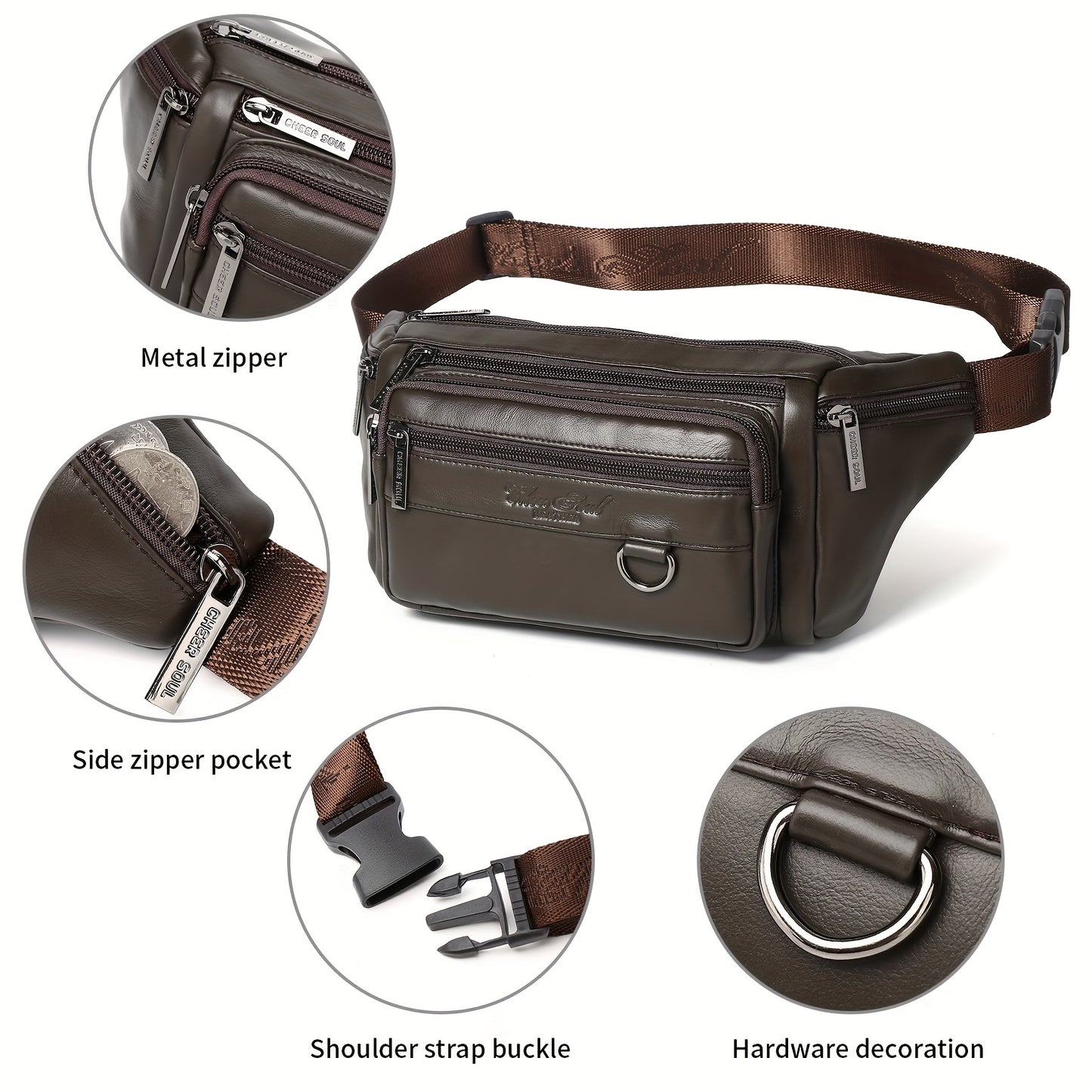 Genuine Leather Men's Waist Bag/Women's Multifunctional Hip Bag/Stylish Multi-Pocket Travel Sports Backpack for Hiking, Cycling, Fishing, And Running