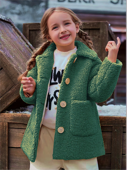 Girls' Lamb Fur Jacket | JOMAKE Korean-Style Lapel Collar, Two-Tone, Warm Windbreaker with Pockets, Lining, Button Closure, Long Sleeves for Winter