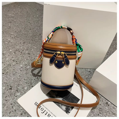 Exquisite PU Leather Bucket Bag Women New Cylinder Portable Hand Bag Large Capacity Shoulder Crossbody Bag for Travel Shopping