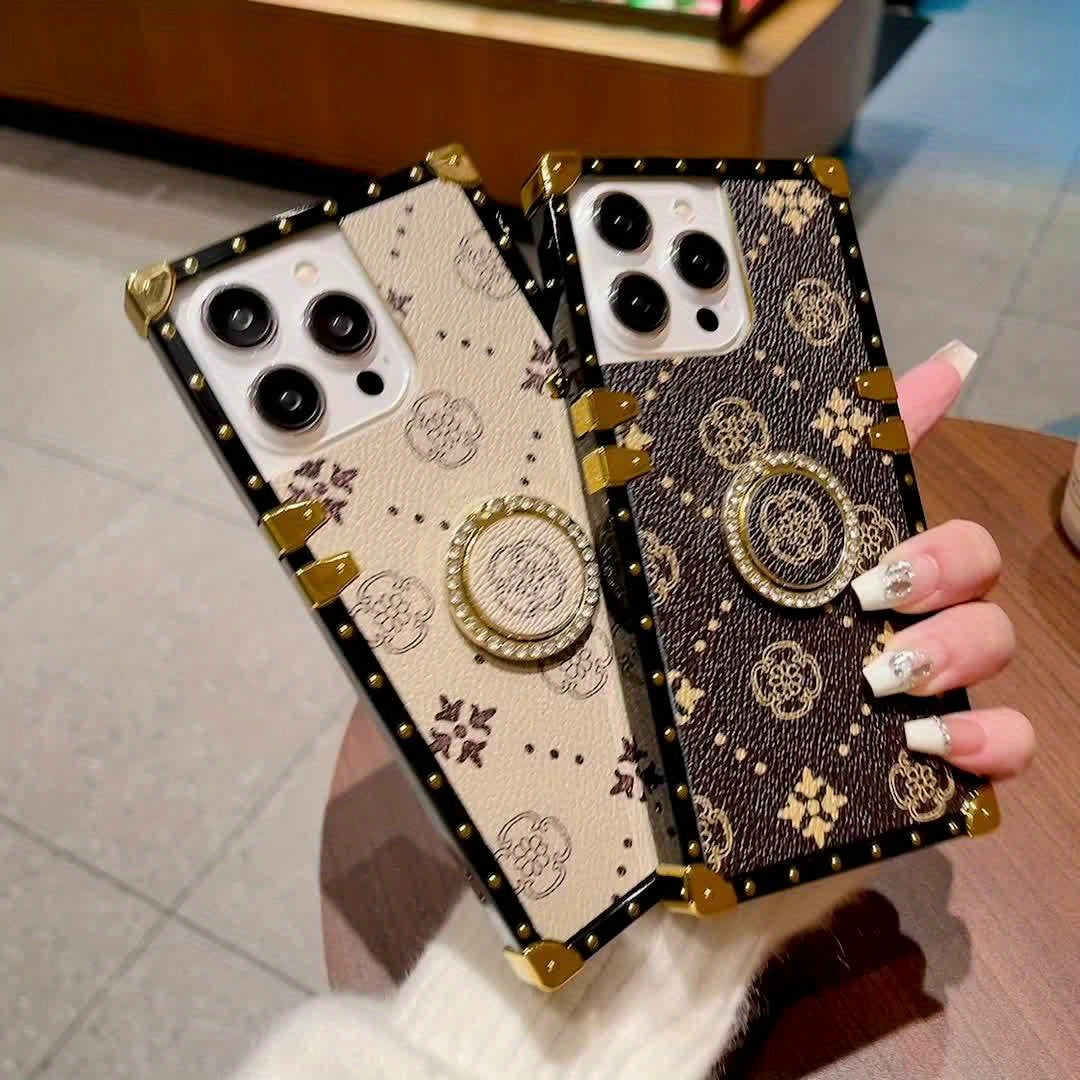 Flower Faux Leather Pattern Belt Ring Holder Can Rotate 360° Four Corners Reinforced Full Package Anti-fall Wear-resistant Simple Retro Personality New TPU Mobile Phone Case Suitable for 11/11pro/11promax/12/12pro/12promax/1