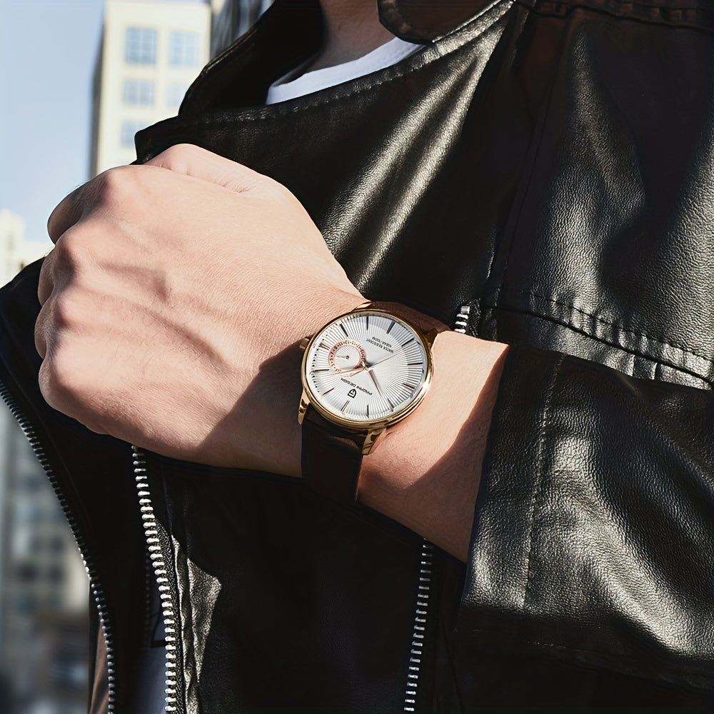 PAGAN DESIGN Fashion Casual Sports Watch Men Stainless Steel Waterproof Quartz Watch Leather Strap