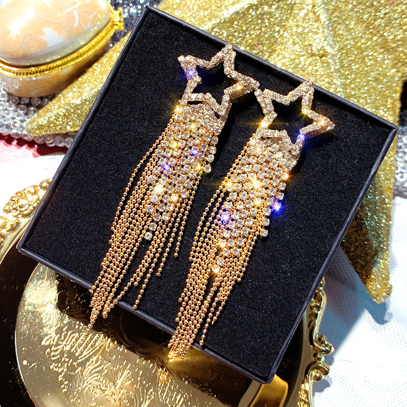 Jewelry for Women Featuring Long Tassel Earrings with a Silvery Pentagram Star Design, Perfect As Party Gifts.