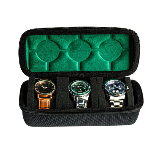 3 Slots Hard Watch Travel Case, Watch Roll Case Storage And Organizer For Men And Women, With Anti-move Watch Pillow, Watch Box Holder Display Cabinet, hardshell Zipper Watch Carry Case, green Faux Suede Lining, Ideal choice