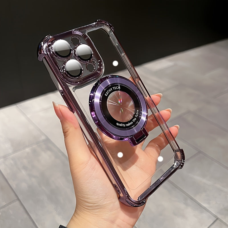Luxury Magnetic Holder Wireless Charging Plating Clear Phone Case For IPhone 11/12/13/14/15 Pro Max Plus Shockproof Transparent Hard Phone Back Cover With Bracket