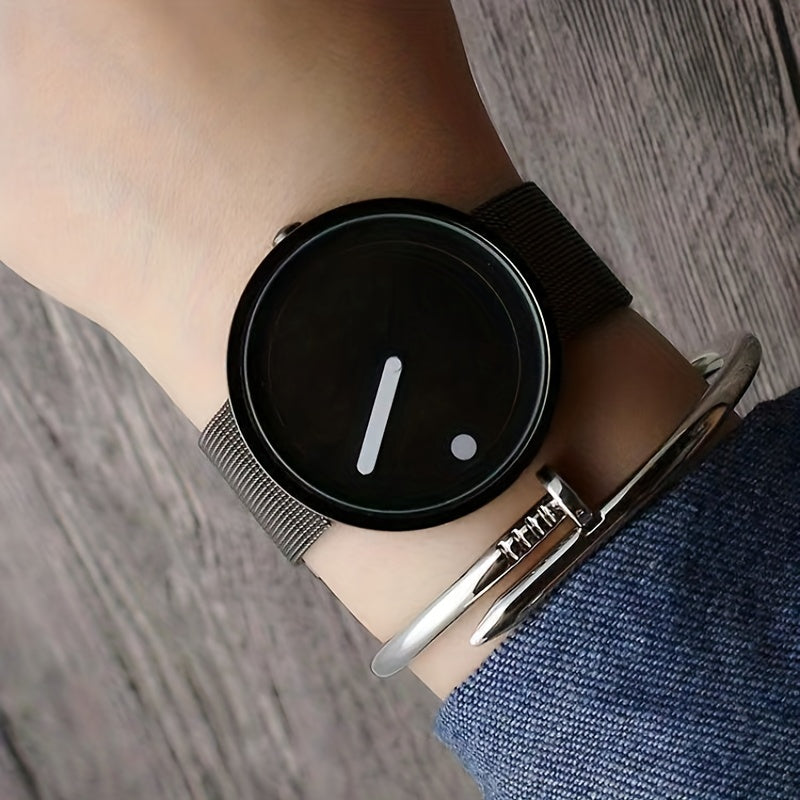 Stylish Round Pointer Quartz Watch - Minimalist Design, Accurate Timekeeping, Mesh Stainless Steel Watchband, Novelty Electronic Wristwatch for Men and Women - Perfect Accessory for Daily Wear