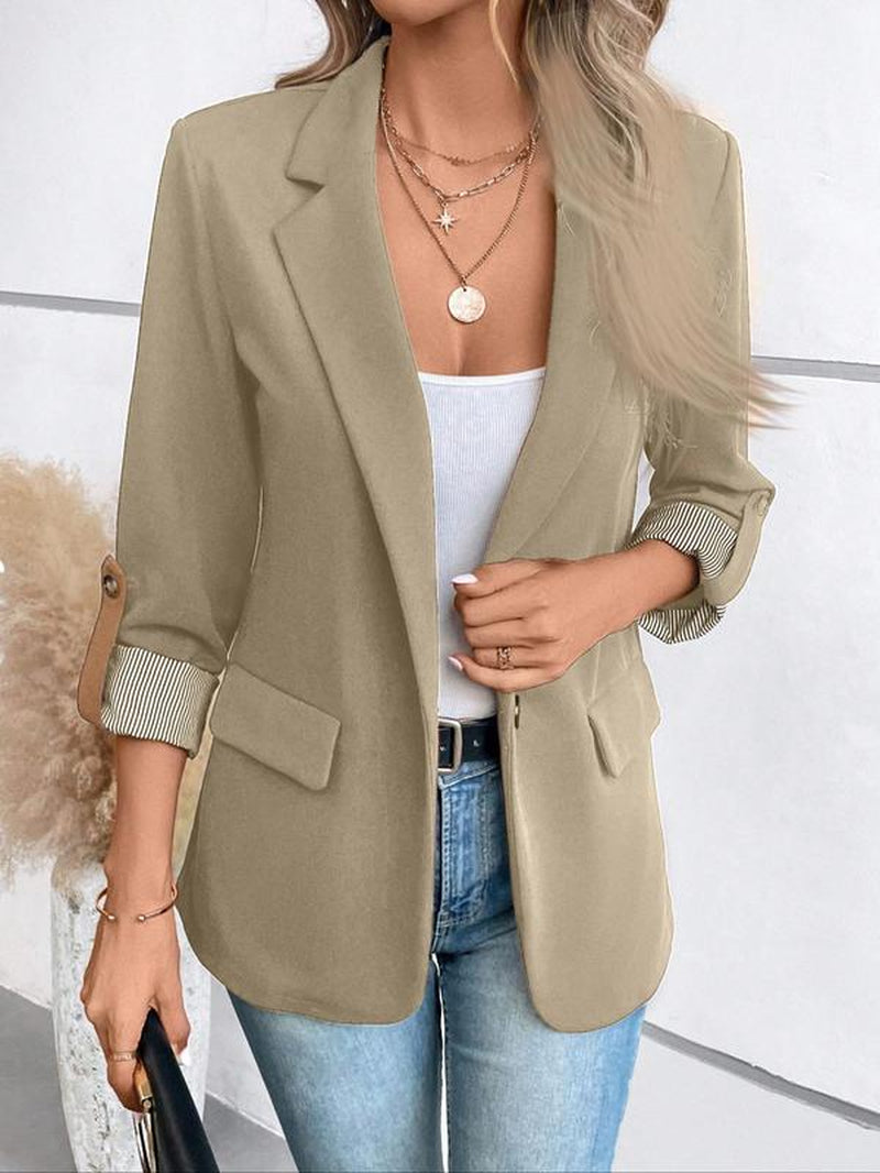 Women'S Solid Color Button Front Roll up Sleeve Blazer Coat, Casual 3/4 Sleeve Lapel Neckline Outerwear for Spring & Fall, Ladies Clothes for Work Office Business