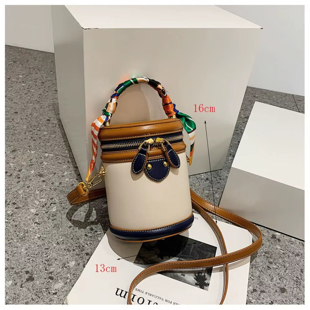 Exquisite PU Leather Bucket Bag Women New Cylinder Portable Hand Bag Large Capacity Shoulder Crossbody Bag for Travel Shopping