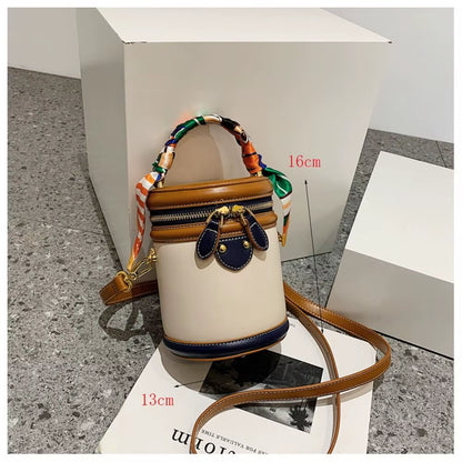 Exquisite PU Leather Bucket Bag Women New Cylinder Portable Hand Bag Large Capacity Shoulder Crossbody Bag for Travel Shopping