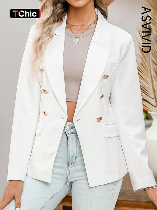 Women'S Solid Double Button Blazer without Tee, Elegant Long Sleeve Lapel Neck Button Front Blazer for Work Office Business, Ladies Spring & Fall Clothes