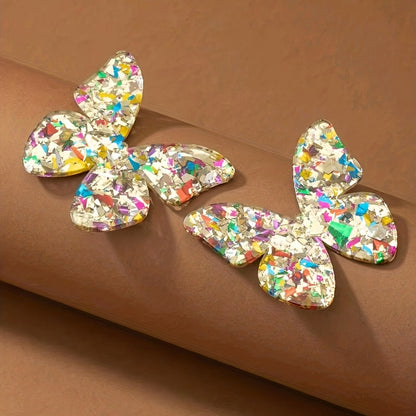 Creative Butterfly Design With Colorful Sequins Decor Stud Earrings Elegant Party Style Acrylic Jewelry Female Gift